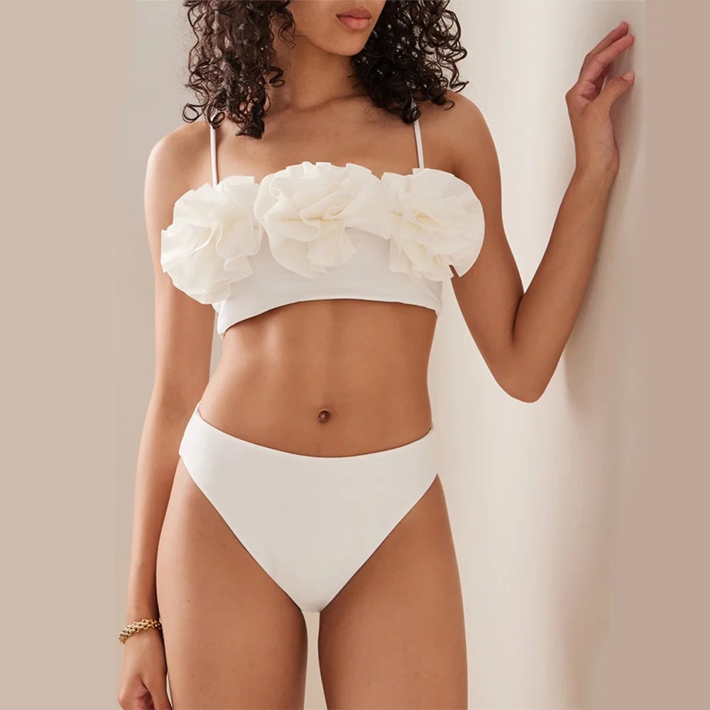 Sexy Solid Color 3d Flower Bikinis Swimsuit Two Piece Set Separate Bandeau Women's Bathing Suits High Waist Swimwear Beachwear