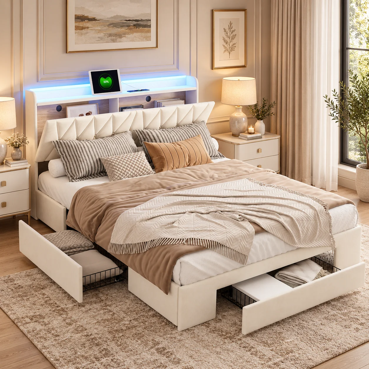 Struttura per letto a piattaforma rivestita in velluto, con 3 cassetti contenitori e testiera a libreria, letto matrimoniale con motivo a rombi e ampio spazio contenitivo per la camera da letto.