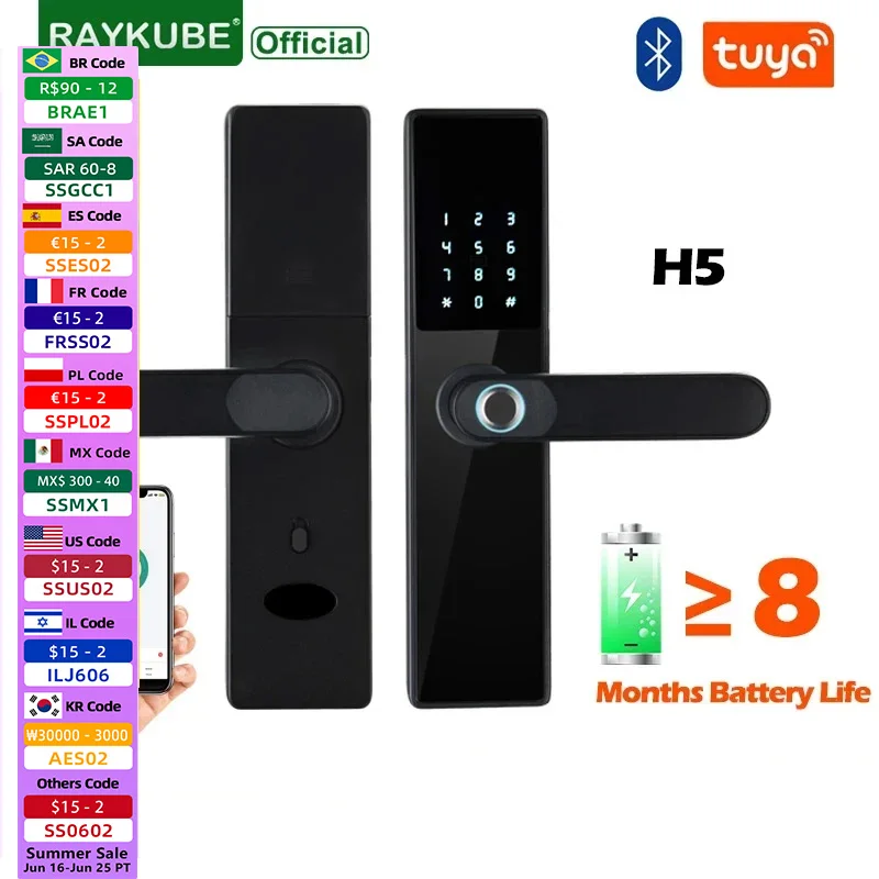 

RAYKUBE H5 Biometric Fingerprint Smart Door Lock via Tuya APP Bluetooth Remote Unlock /Key/ Password/ IC Card/Fingerprint Unlock
