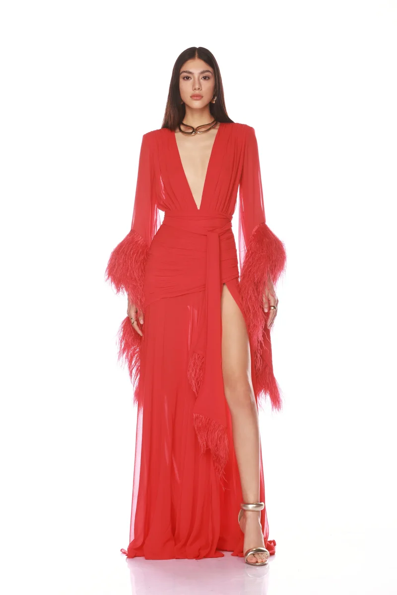 آني الشيفون طويلة الأكمام العميق الخامس الرقبة فساتين لحضور الحفلات الموسيقية اليدوية ريشة فساتين السهرة الفاخرة أنيقة سيدة فساتين الحفلات Fساتين Sheer #4