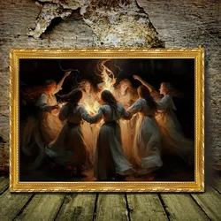 Gothic retro women dancing around a bonfire - Decorative canvas art, 11.8 inches x 15.7 inches, perfect for bedroom and living r