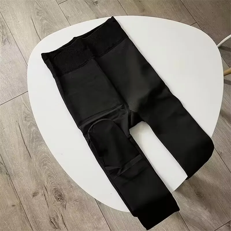 Winter Stylish Women\'s Leggings Thick Warm Fleece Thermal Tights High Waist Black Sheer with Flesh-Toned Lining Outwear C5507