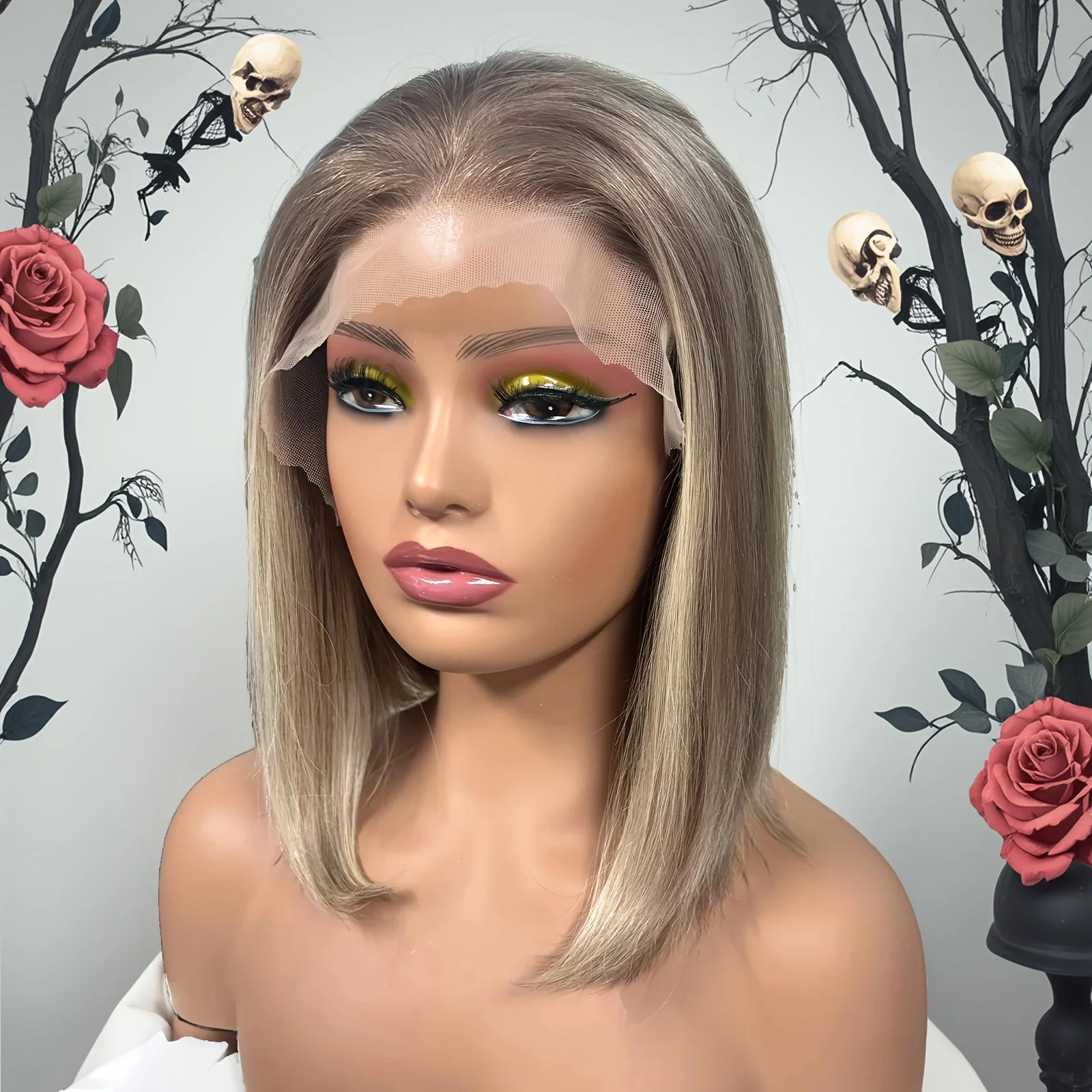 

Ash Blonde 13x4 Lace Front Wig Brown Highlight Bob Wig Human Hair Full Lace Frontal Wig Short Straight Human Hair Wig PrePlucked