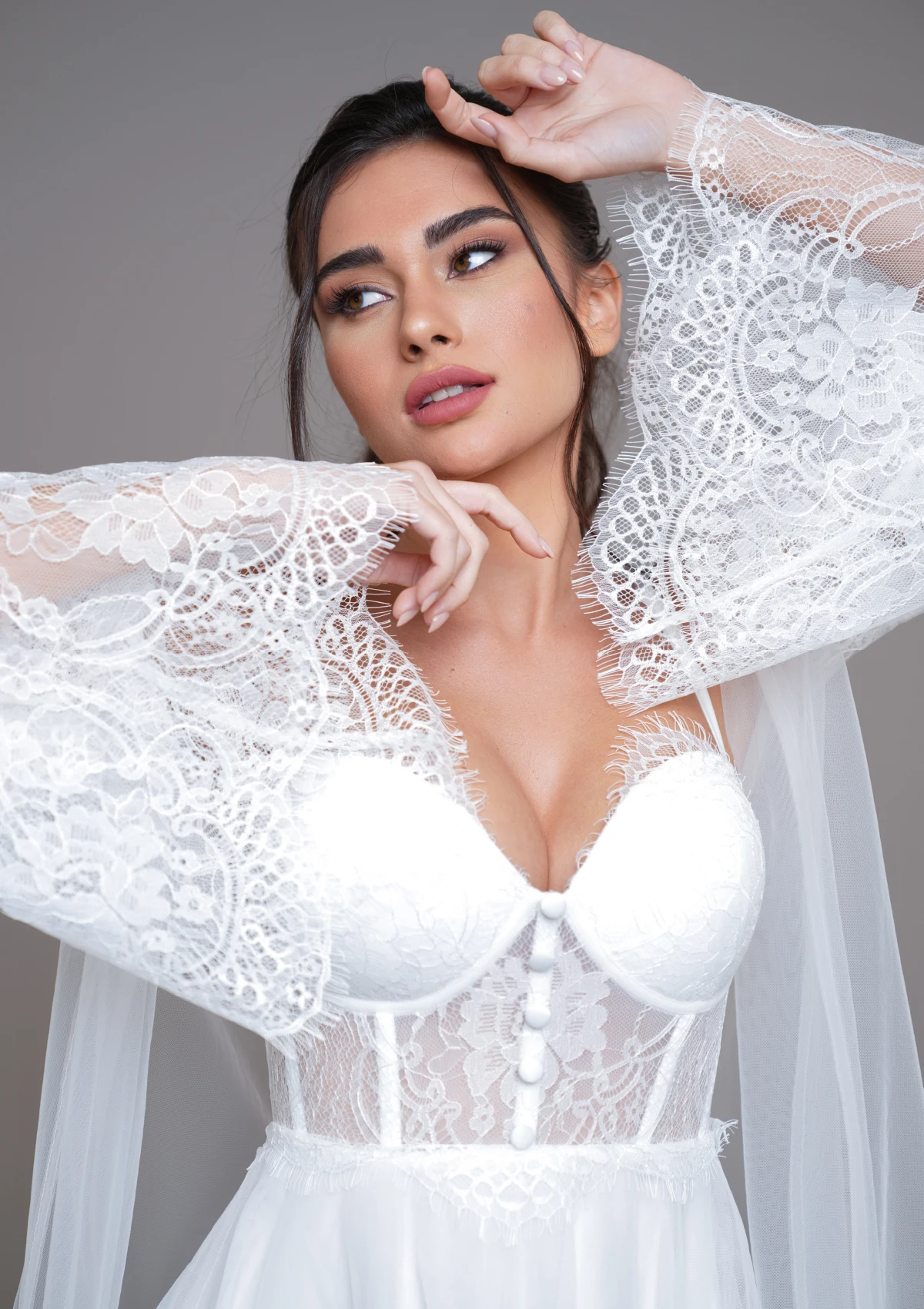 Personalizado de duas peças de renda mini noiva robe para casamento sexy mangas alargamento tule macio vestido de chá de panela feminino noite gwon 2024