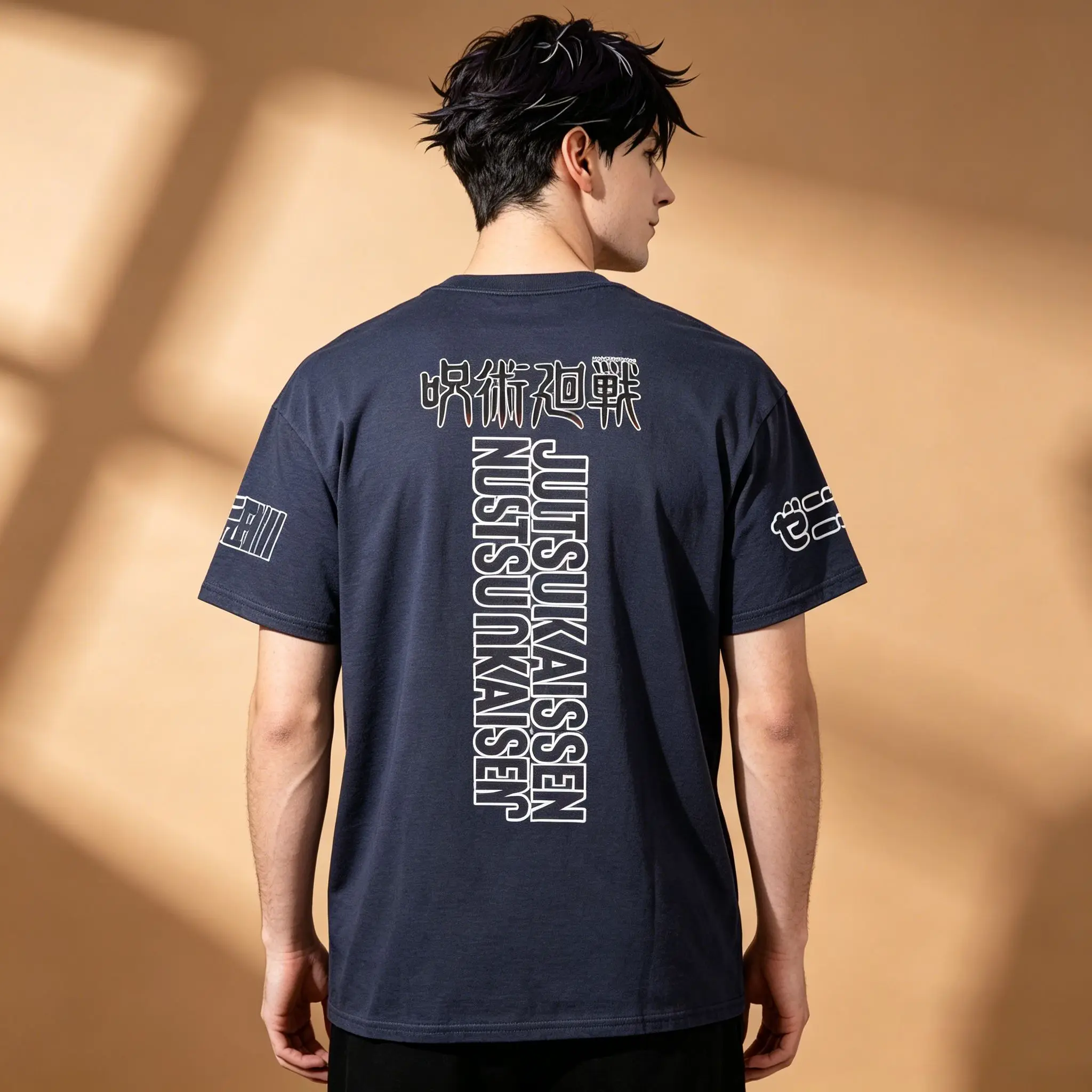 Men's Jujutsu Kaisen Megumi Fushiguro Double Sided T-Shirt, Navy Anime Fox Shikigami Graphic Cotton Short Sleeve Tee