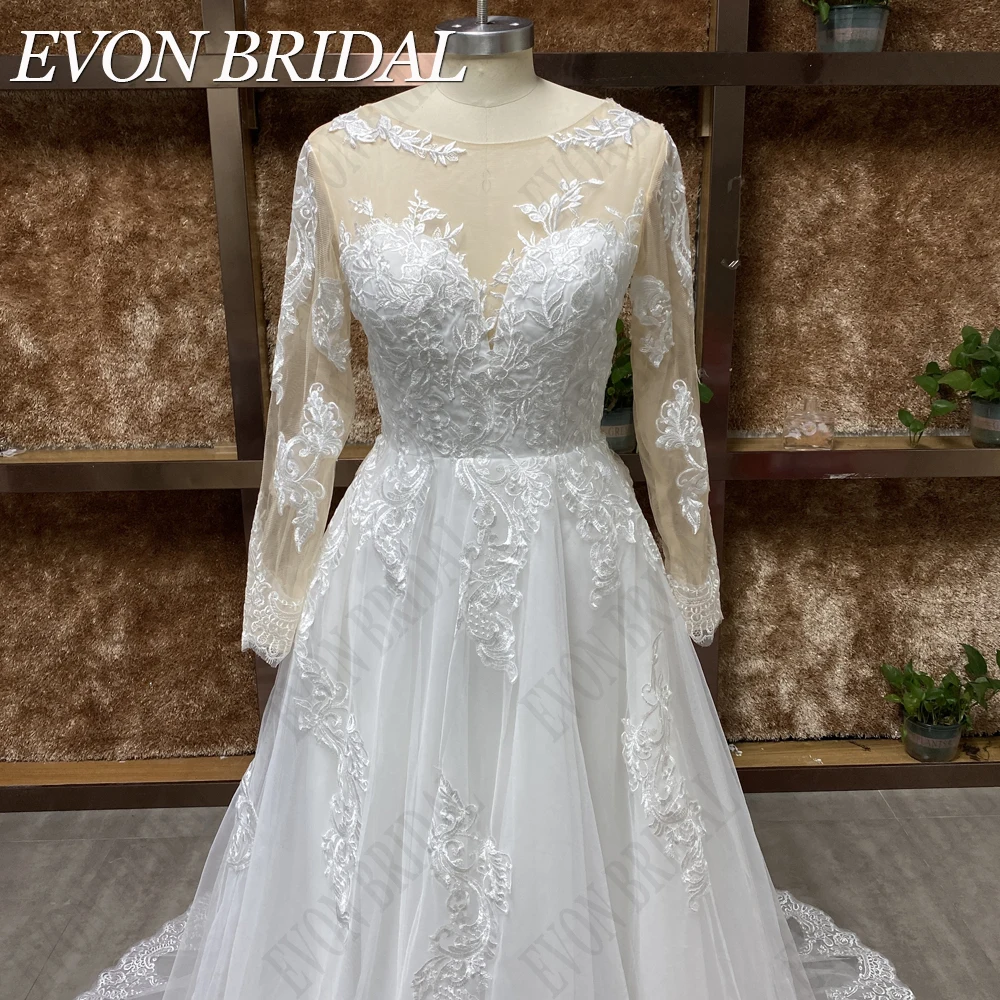 EVON BRIDAL Lange Mouwen Trouwjurken Voor Vrouwen Boho A-Line vestidos de novia burgerlijke Kant Tule Bruidsjurken Op Maat Gemaakt Illusie Appliques Knoop Terug Bruidsjurk Chic Echte Foto Lange mouw trouwjurken voor vr