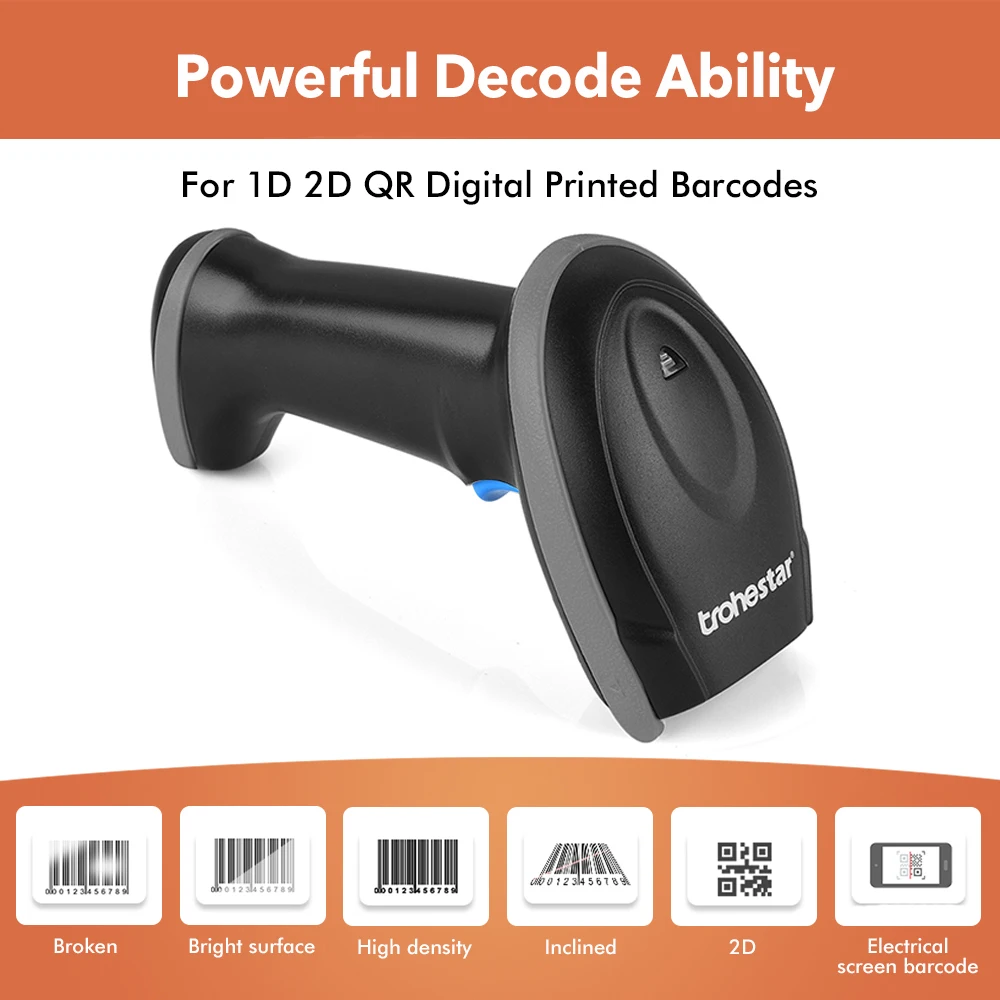 Trohestar Wireless Barcode Scanner 2.4GHz1D 2D Bar Code Reader USB Scanners Charging Cradle leitor de codigo de barra 2D Scanner