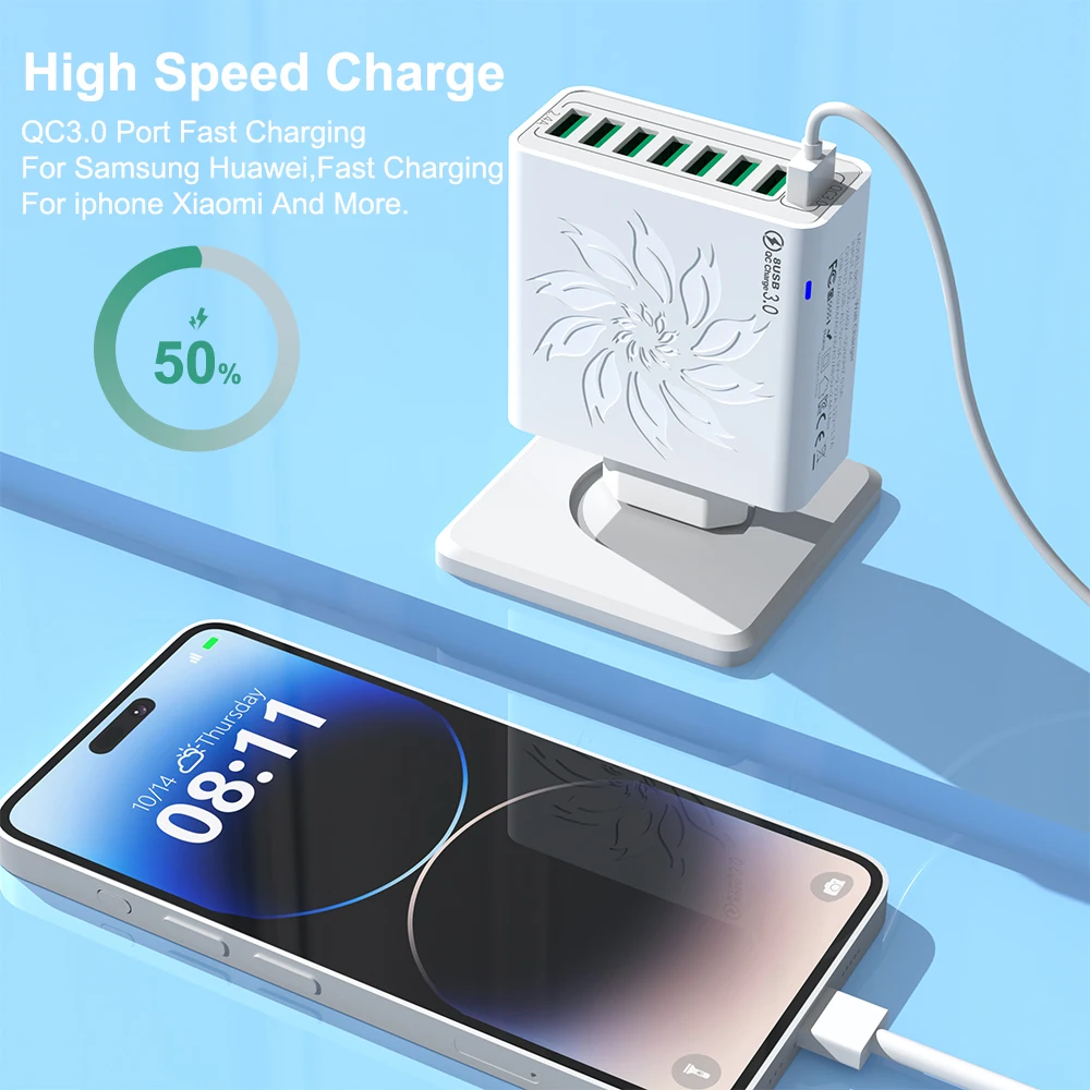 8 Ports USB Charger QC 5.0 Fast Charging EU US KR Plug 65W Fast Charger Power Adapter For iPhone 15 Xiaomi Samsung Wall Charger