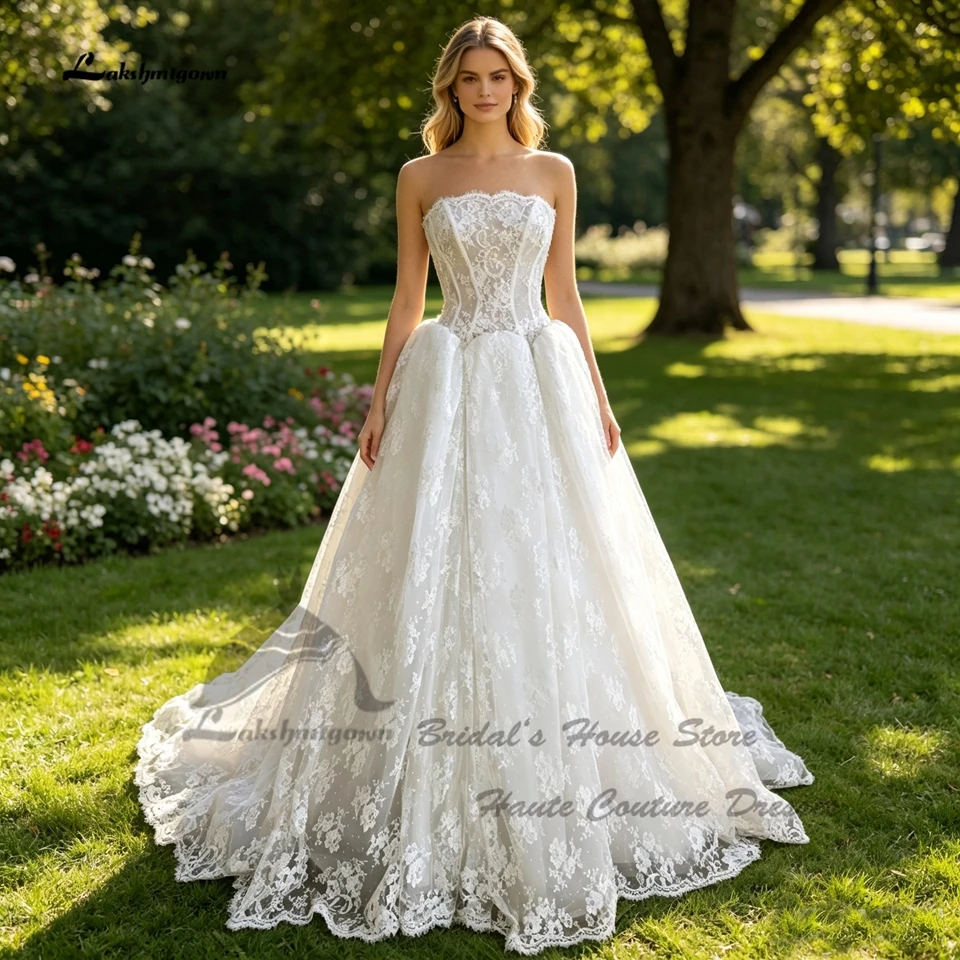 Lakshmigown Vintage Spitze Boho Hochzeitskleider Schulterfrei 2026 Zivile Damen Kirchen-Brautkleider Trägerlos Maßgeschneidert – Detail 4