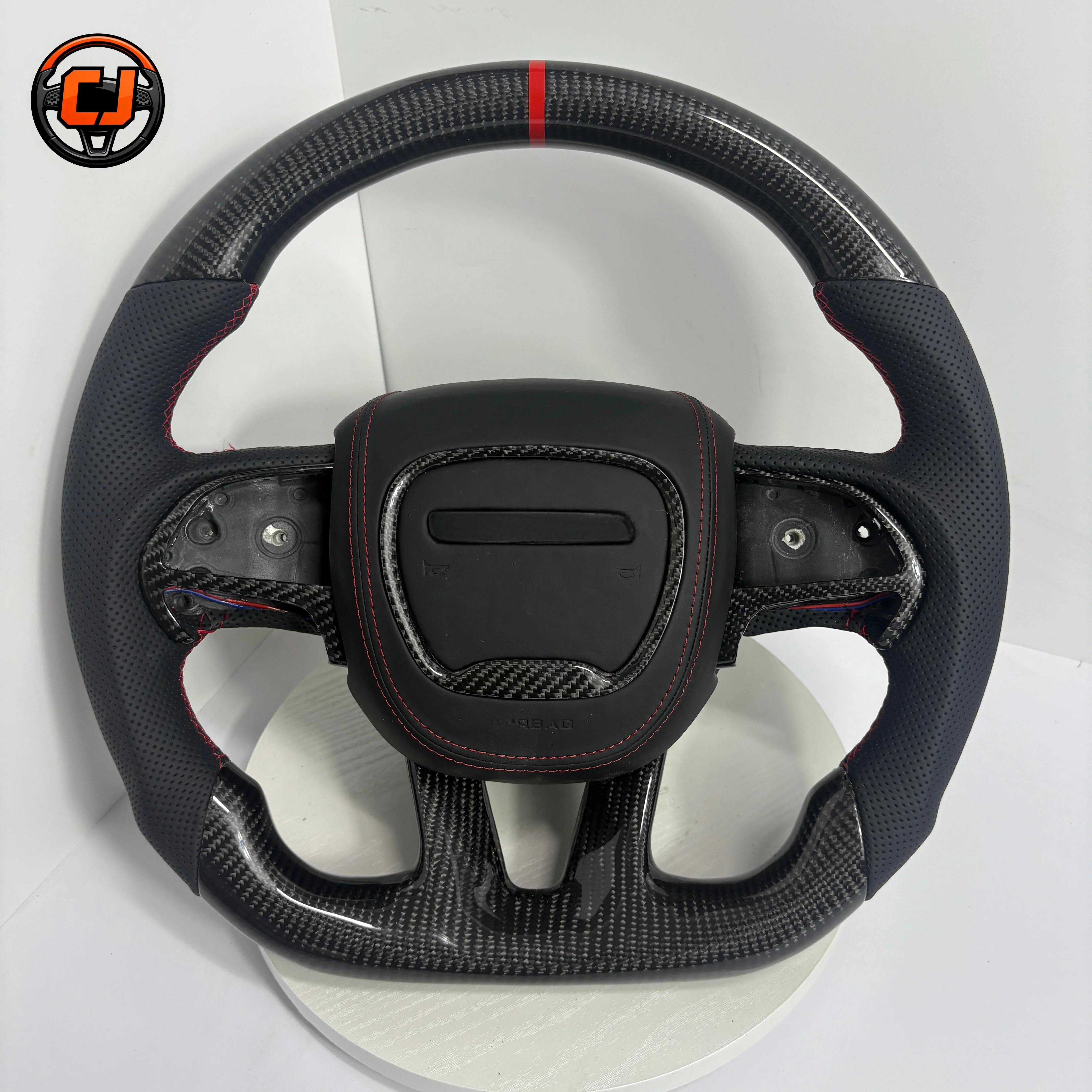 or Dodge Charger Challenger Durango Hellcat SRT RT GT 2015-2023 Red Stripe Carbon Fiber Leather Steering Wheel