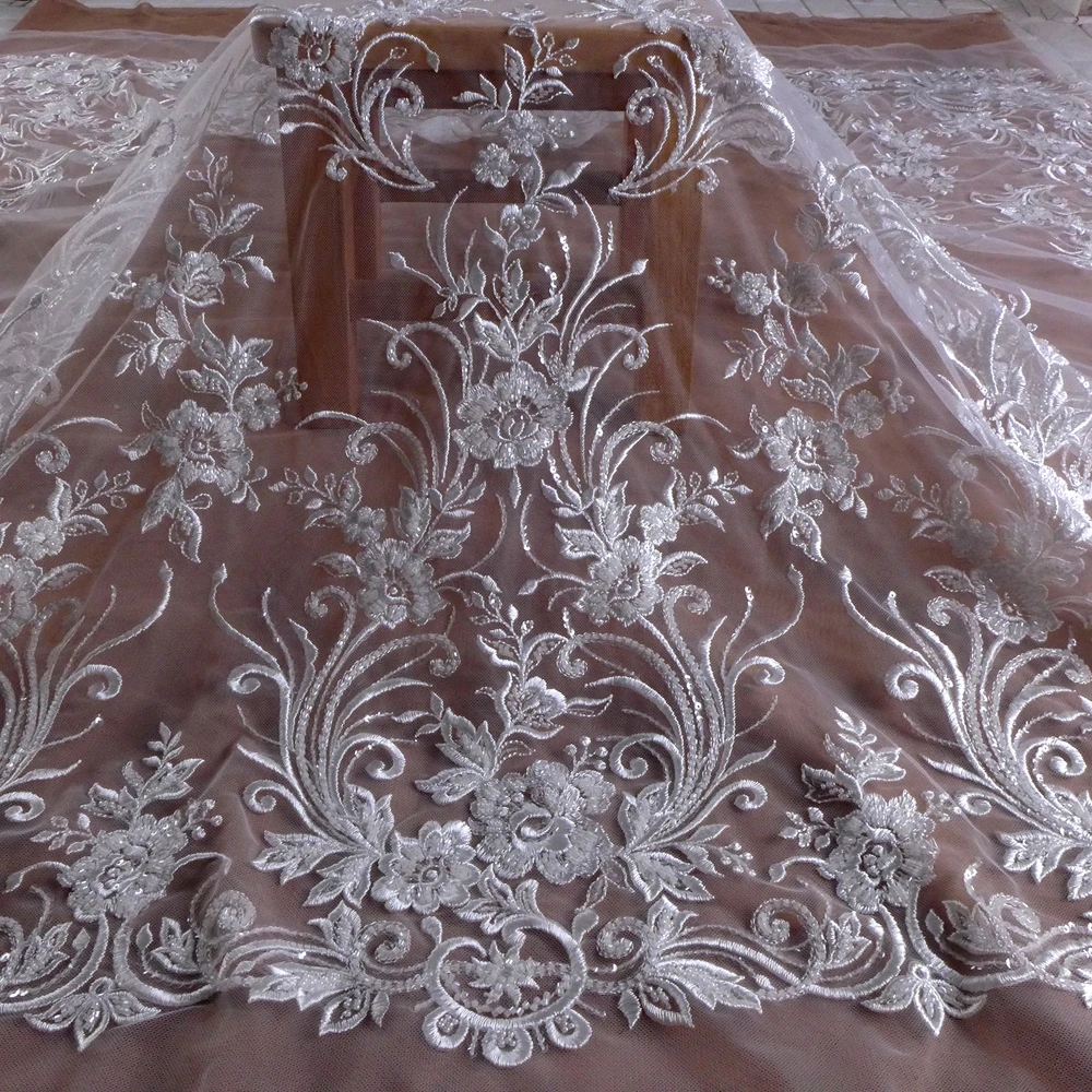 

HelluyerDC Off-White,Pure-white beading lace fabric,two sides patterns lace for fashion,wedding,evening,dance gown 2 sides same