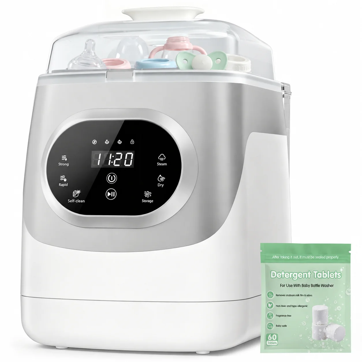 Automatic Baby Bottle Cleaning Machine, Countertop Infant Bottle Washer with Steam Sanitizer, Hot Air Dryer & Hygienic Storage, Self-Clean Maintenance Program, Smart Touch Screen, Free Detergent Tablets for Baby Bottles, Breast Pump Parts & Pacifiers