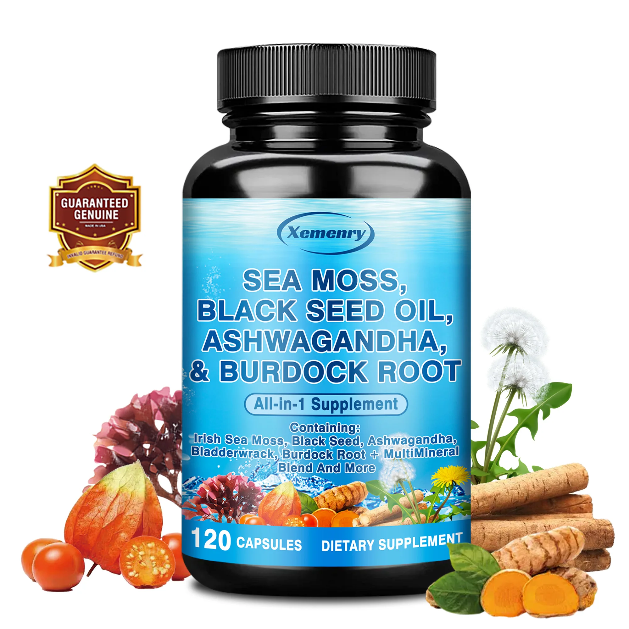 Sea Moss, Black Seed Oil, Ashwagandha and Burdock Root - Promotes Intestinal Health, Improves Mood, Anti-aging - 120 Capsules