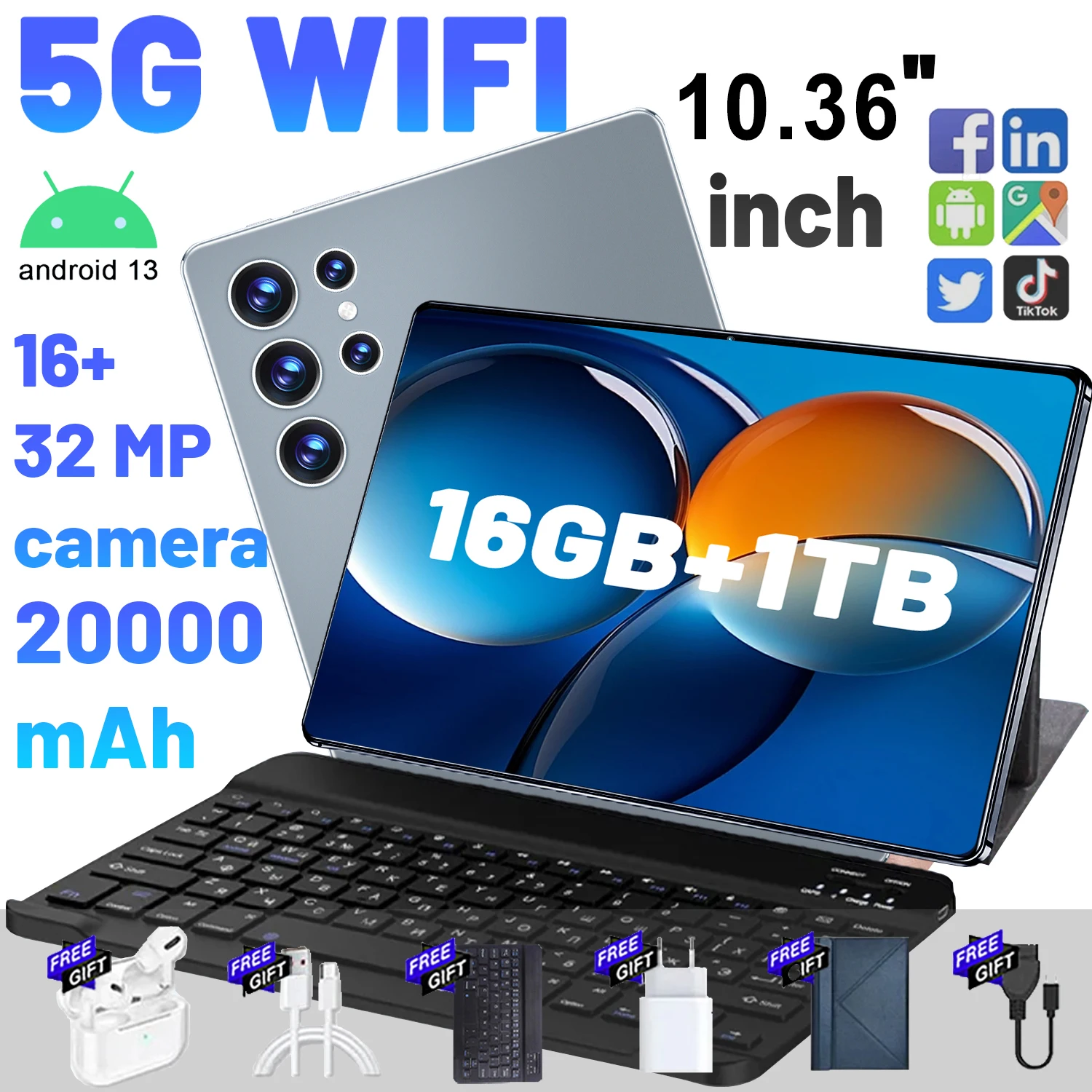 Tablet PC de 10.36 pulgadas con Android 13.0, Google Play, 5G, cámara dual, 14 núcleos, 20000 mAh, doble tarjeta SIM, Bluetooth, Wi-Fi, 16 GB + 1 TB de ROM