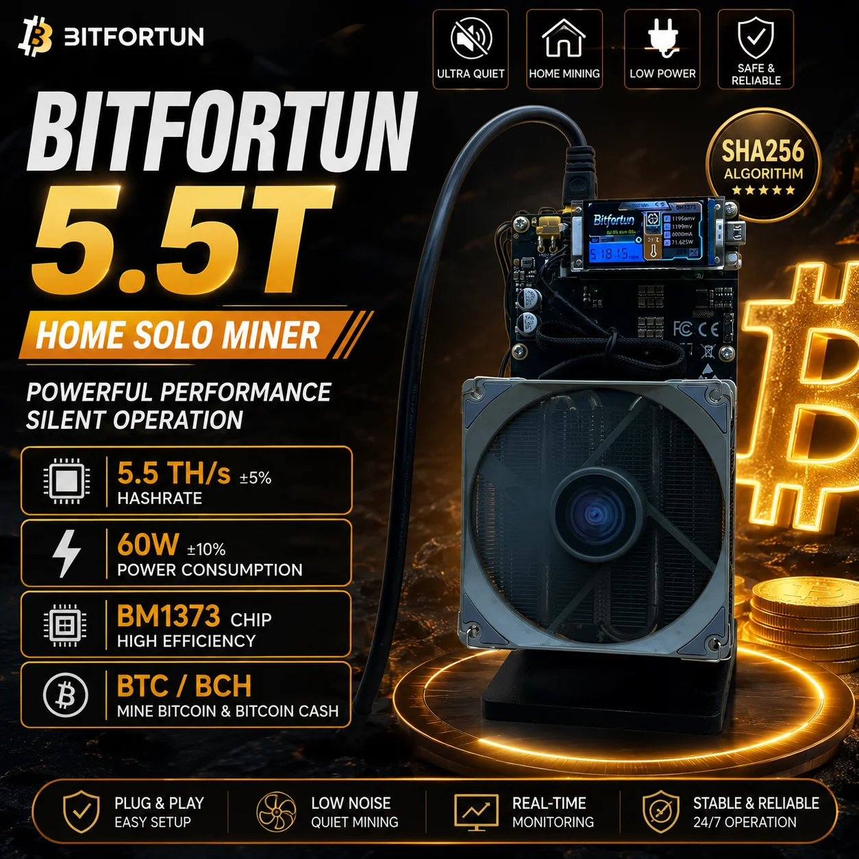 Bitfortun 5.5T NerdQaxe++ Bitaxe Bitcoin Solo Miner BM1373 60W SHA256 BTC BCH Lottery Miner Low Power Quiet Home Mining Machine