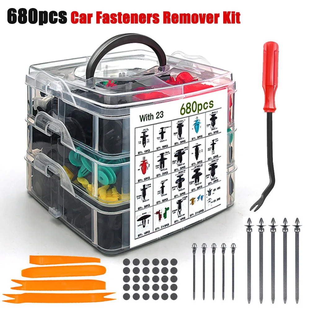 680pcs Car Trim Removal Tool Pry Kit Auto Fastener Clips Car Body Push Retainer Pin Rivet Bumper Door Trim Panel Fastener Kits