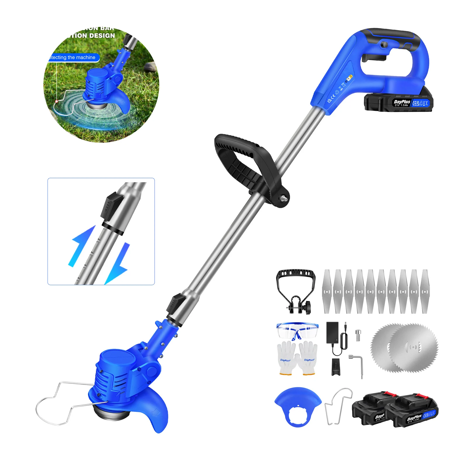 Tondeuse à gazon sans fil 21V, coupe-herbe électrique 10000RPM, outil électrique de jardinage pour le désherbage des jardins, des fleurs et des arbres, avec 1 ou 2 batteries, longueur réglable et