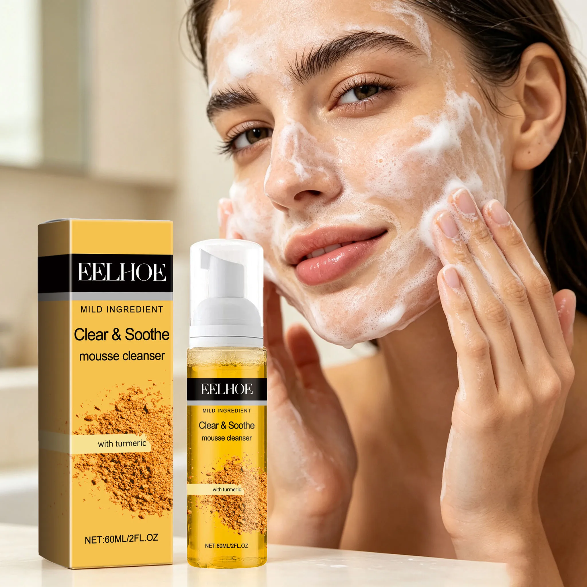 60ML Turmeric Face Cleaner Mousse Rich Bubble Gentle Cleaning Pores Improve Skin Texture Enhance Smoothness Oil Control Soothing Redness Facial Cleaner