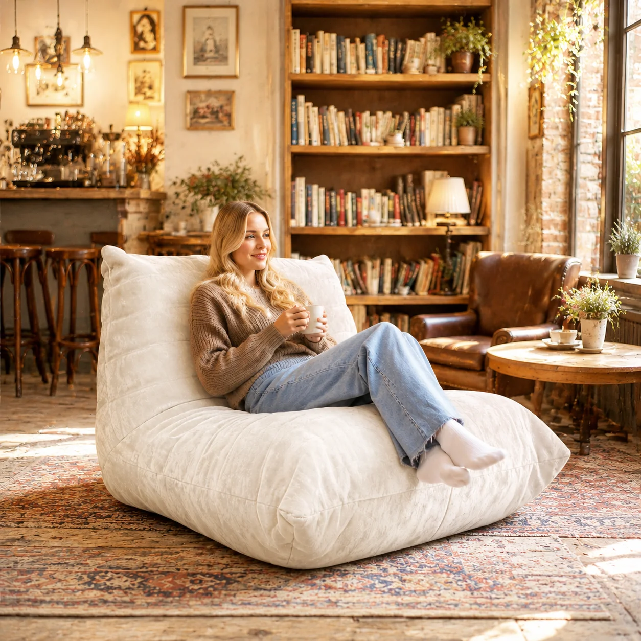 Silver Chenille Bean Bag Chair, 5-Point Support, Sponge Vacuum Compressed, Removable Zipper Cover for Bedroom Gaming Napping