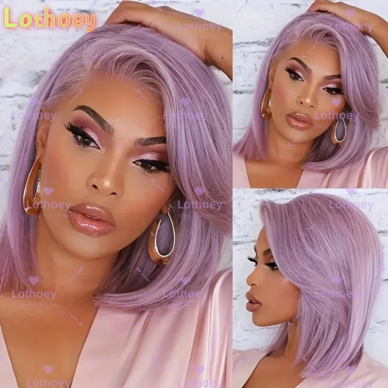 Light Purple 13x4  Transparent Lace Front Wig Brazilian Remy Human Hair - Glueless Pre-Plucked with Baby Hair,Straight Bob Wig