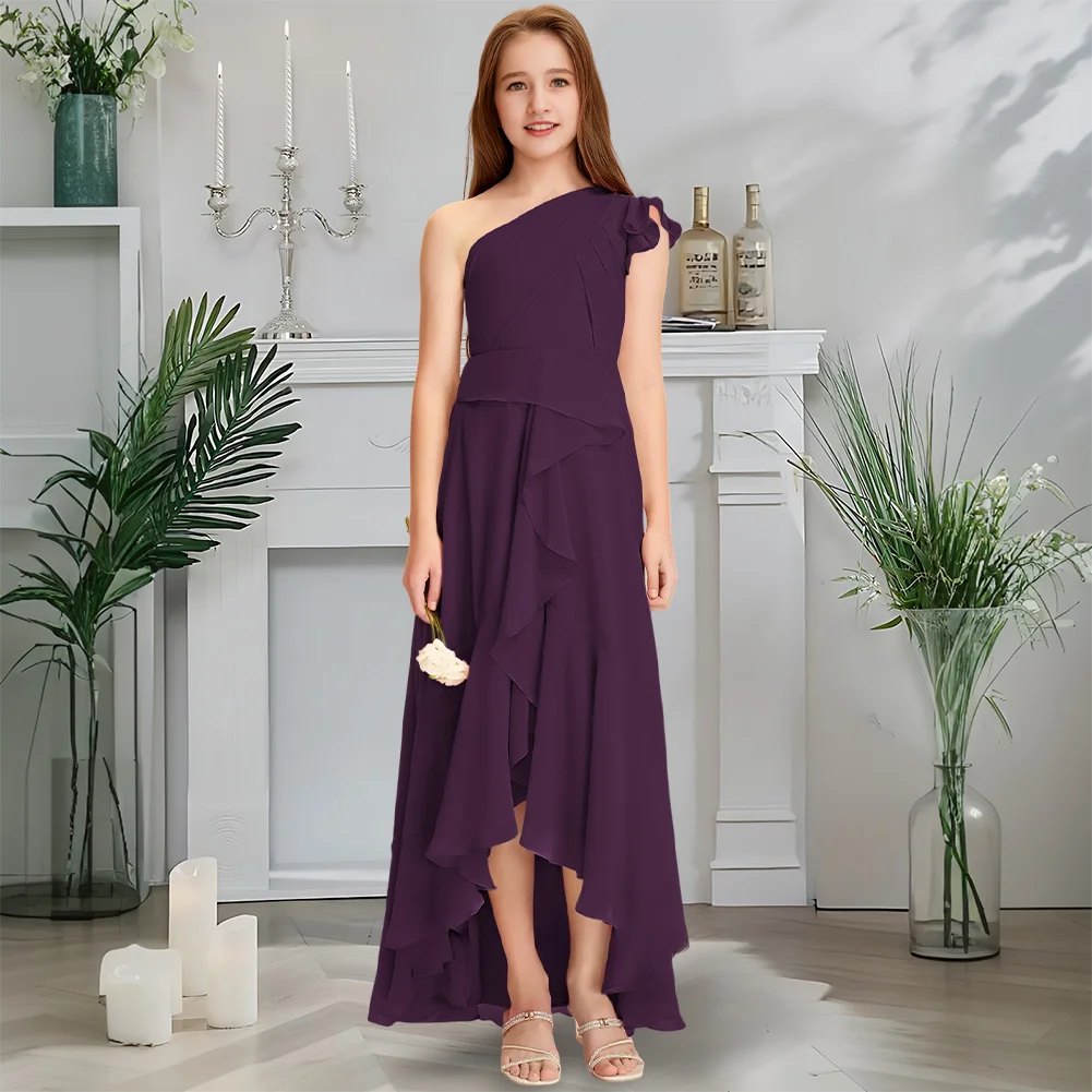 

Luxurious Asymmetrical Junior Bridesmaid Dress Dusty Rose Flower Girl Dress One Shoulder Chiffon Cascading Ruffles Wedding Party