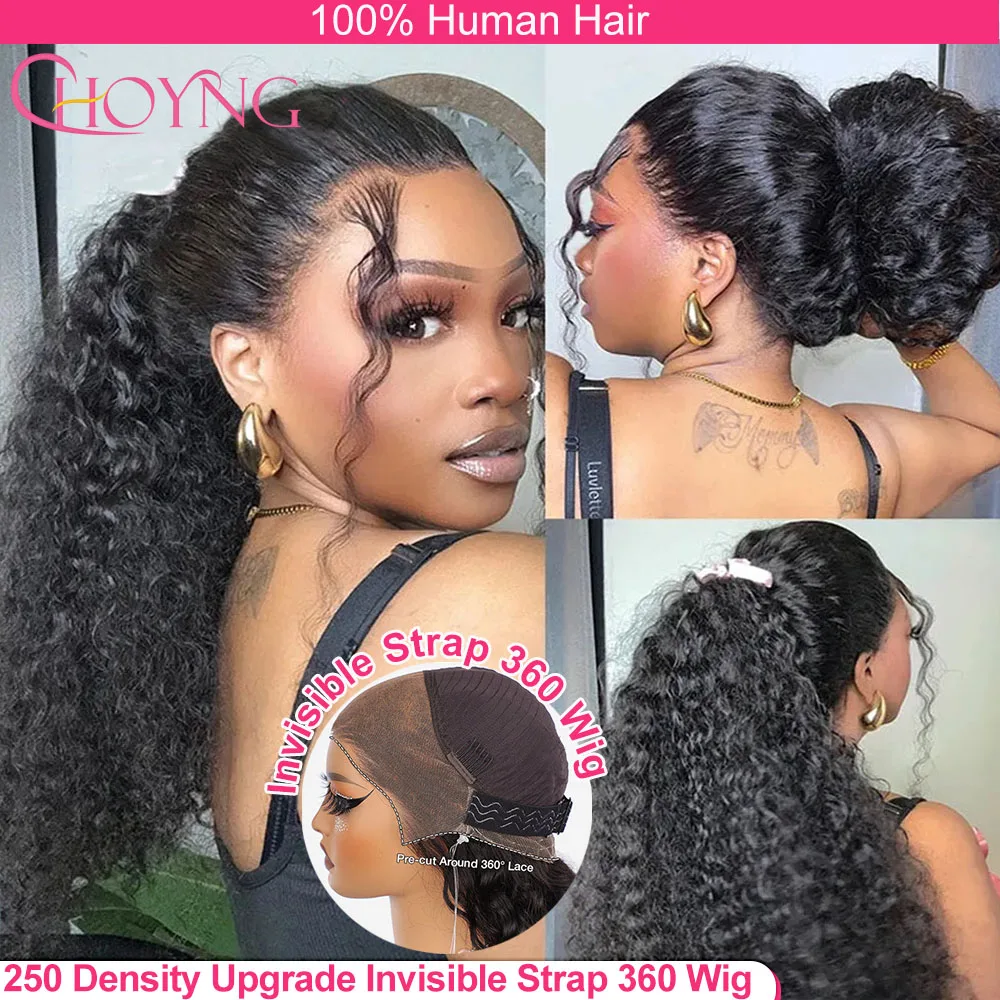 250 Density Invisible Strap Deep Curly Wave 360 Full Hd Lace Front Human Hair Wig Water Wave Lace Frontal Wig Glueless Wig