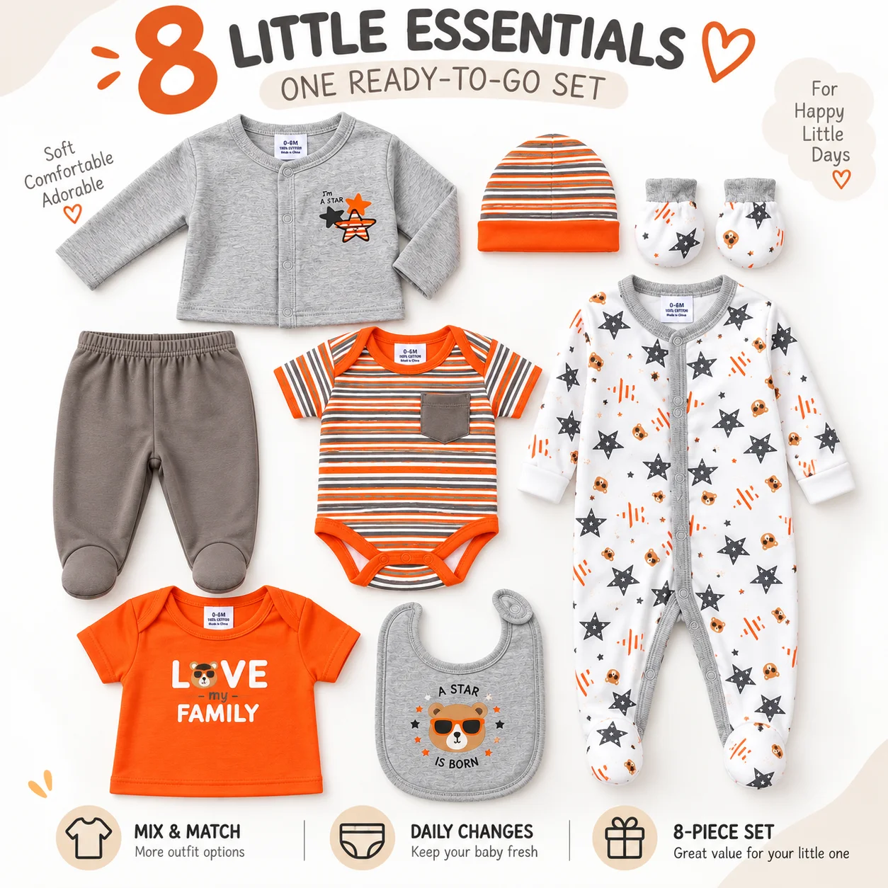 8 Piece Baby Clothes Set 0-9M Newborn Infant Clothing Set Star Bear Print Long Sleeve Bodysuit Outfit Baby Essentials