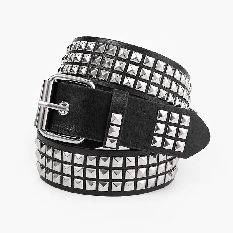 Punk Hardware Jeans Belt with New Square Bead Rivet Decorative Belt with Metal Buckle Belt for Men and Women