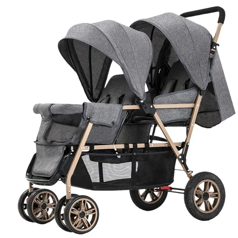 Neuer Zwillings-Kinderwagen für Vorder- und Rücksitze, zwei Personen können sitzen und liegen, leichter, zusammenklappbarer Kinderhandwagen