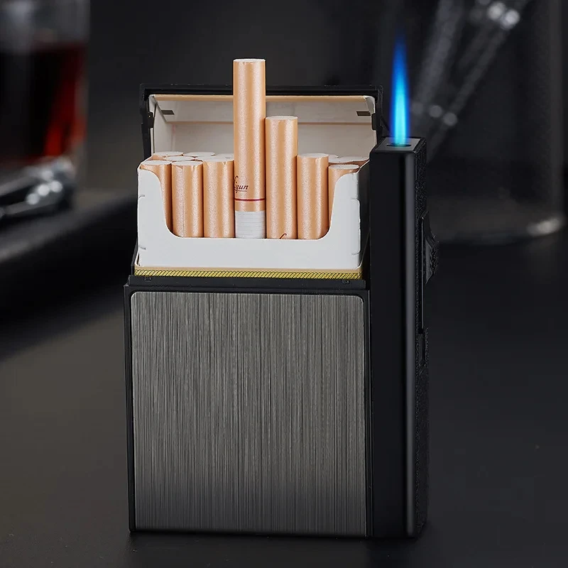 Cigarette Box with Butane Gas Turbo Lighter, Portable, Universal Flip Cover, Moisture Proof and Pressure Proof, Cigarette Case