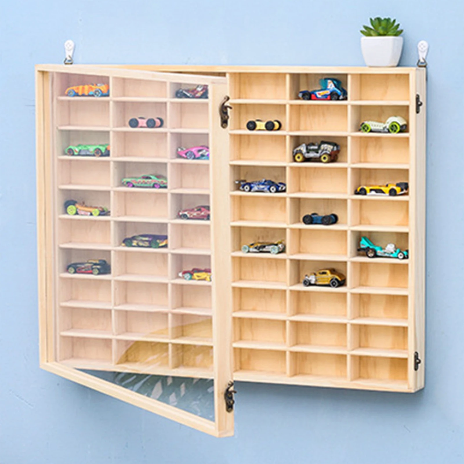 Wooden Toy Car Display Case Wall Mounted Multifunctional Wood Organizer Model Car Storage Rack 60 Grid With Dustproof Door image 4