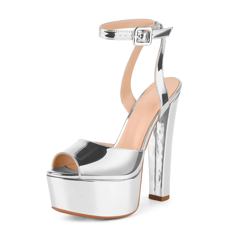 Onlymaker Women Peep Toe Platform Patent Leather Ankle Strap Sandals Slingback Party Dress Big Size Chuny Heel Sandals