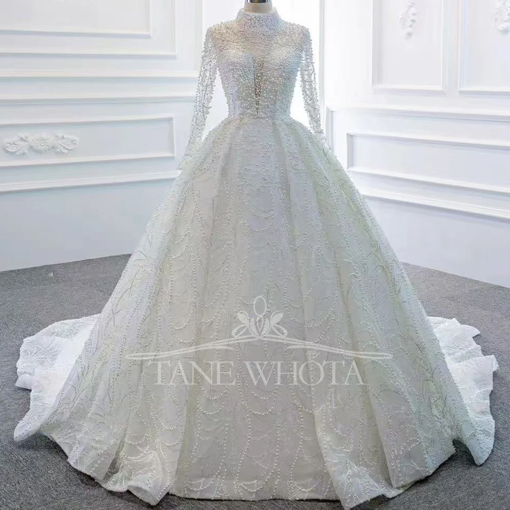 

Pearls Wedding Dress High Neck Long Sleeve Luxury Ivory White Ball Gown Wedding Dresses