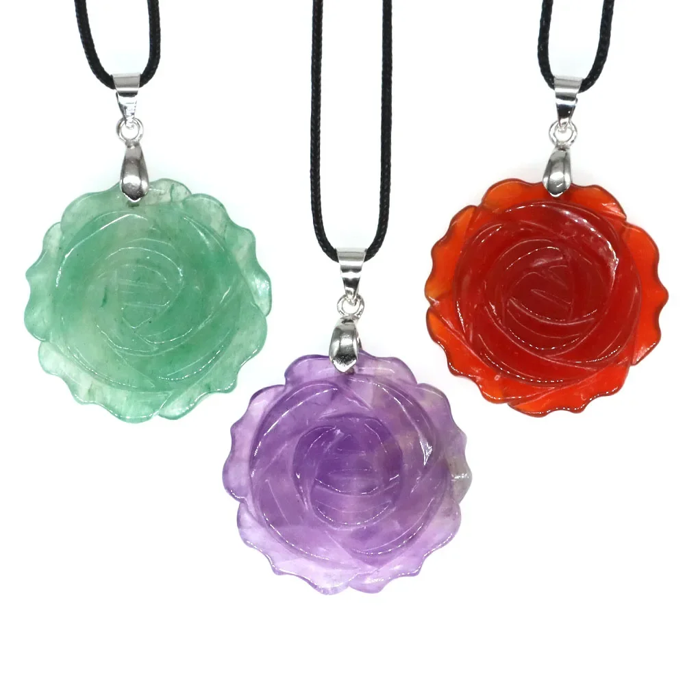 Collier de guérison en pierre naturelle et améthyste, 1 pouce, sculpté à la main, pendentif en forme de fleur de Rose, bijoux, accessoire de charme, cadeaux de saint-valentin