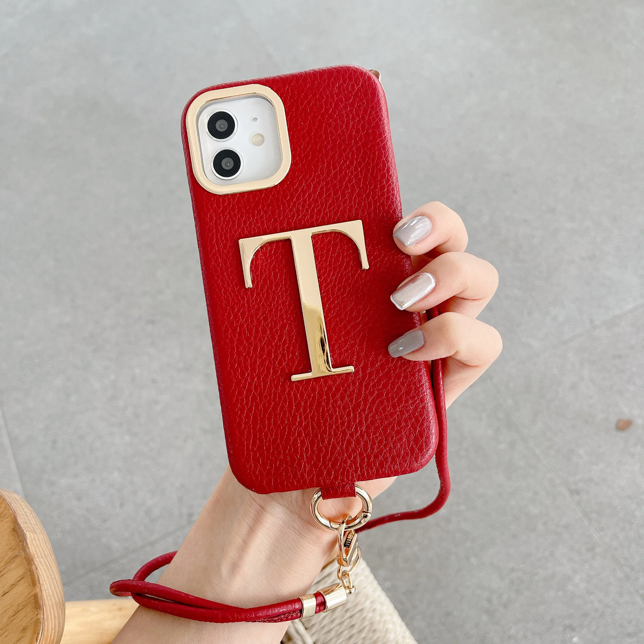 Customiezd Initial Leather Gold Letter Phone Case Lanyard Protective Cover for iPhone17 16 11 12 13 14 15ProMax Premium Luxury
