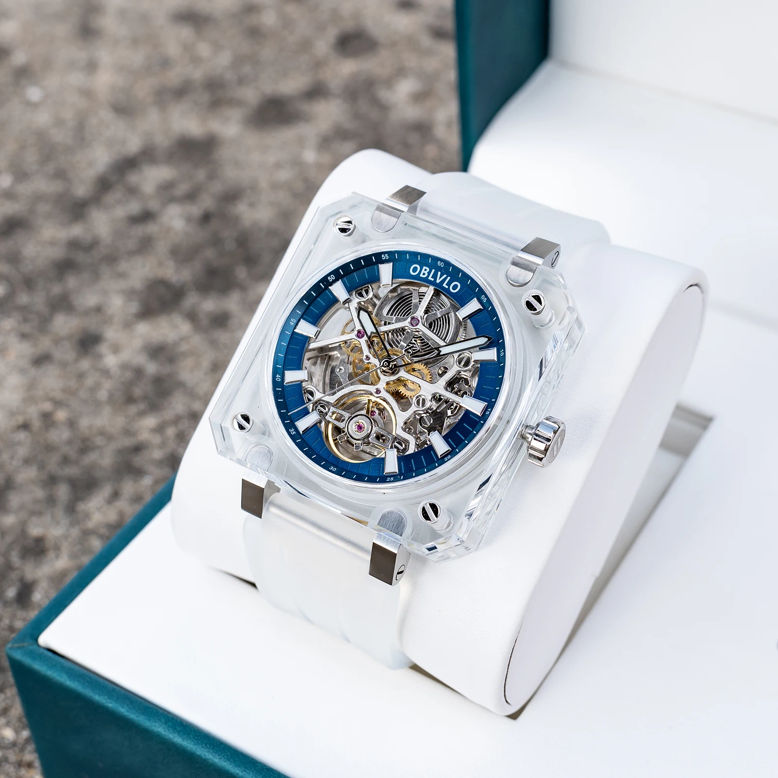 

OBLVLO Мужские модные автоматические механические часы со скелетом, квадратный прозрачный корпус, синий циферблат, силиконовый ремешок, водостойкий, цепь BRM