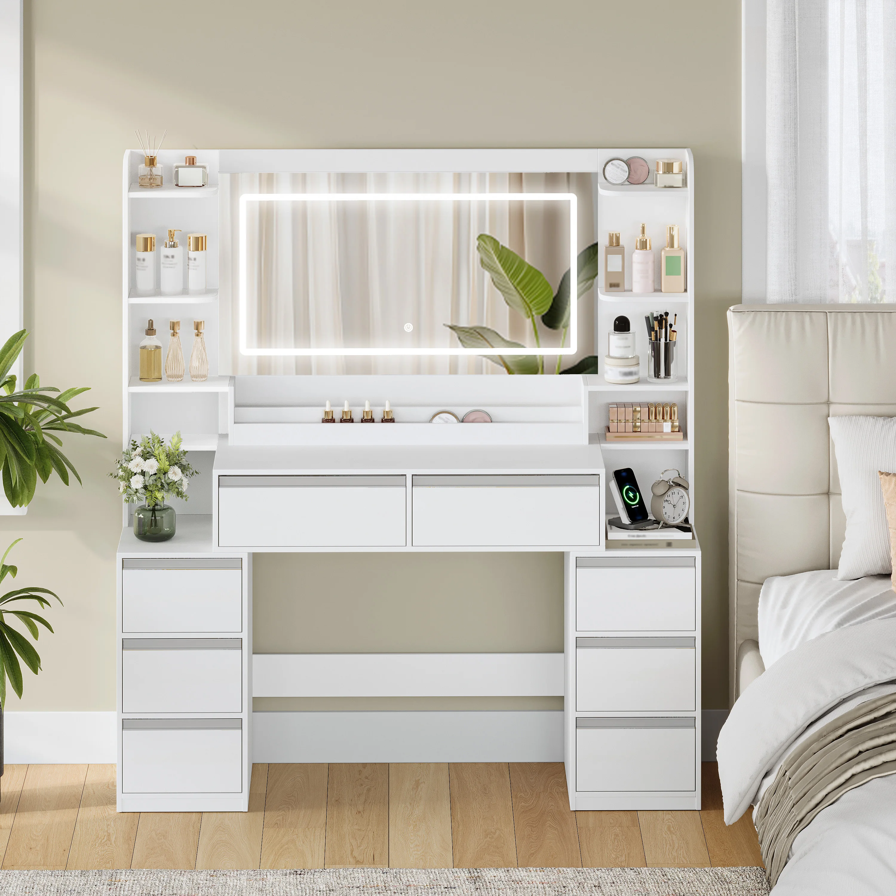 Coiffeuse avec grand miroir, coiffeuse et support pour sèche-cheveux, 8 tiroirs, compartiments ouverts, moderne blanc et argent