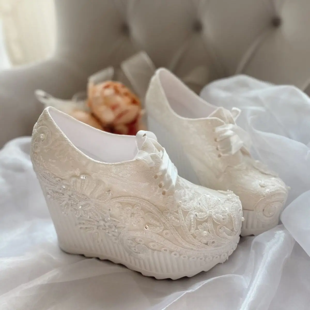 2023 New Trend  Women 12 cm Wedge Heeled Sports Bridal Shoes Comfortable Lace-up Stone Detailed Bride Sneakers for Wedding Pump