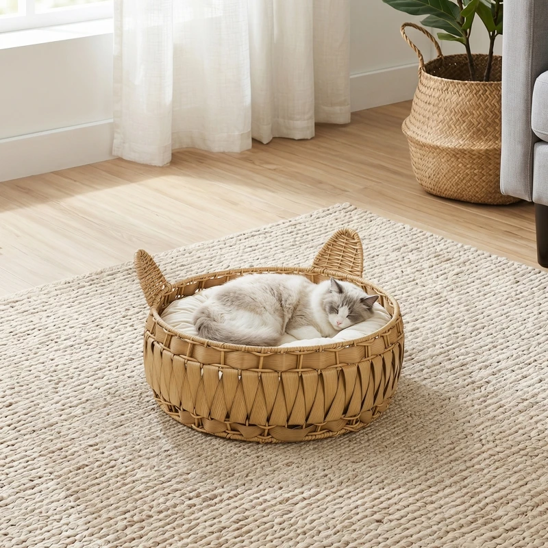 Panier pour chat en rotin, niche avec coussin amovible, pour chats jusqu'à 10 kg, 50 x 50 x 25 cm, marron clair