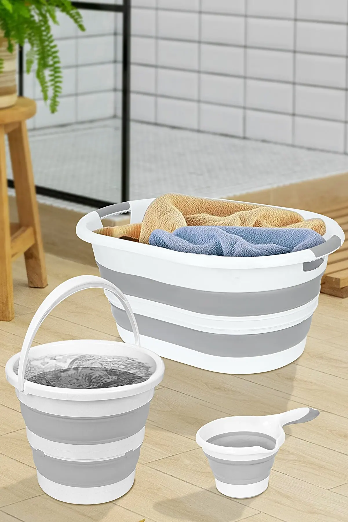 

Set of 3 Collapsible Laundry Basket Collapsible Accordion Water Bucket New Generation Cleaning Foldable Laundry Basket Silicone