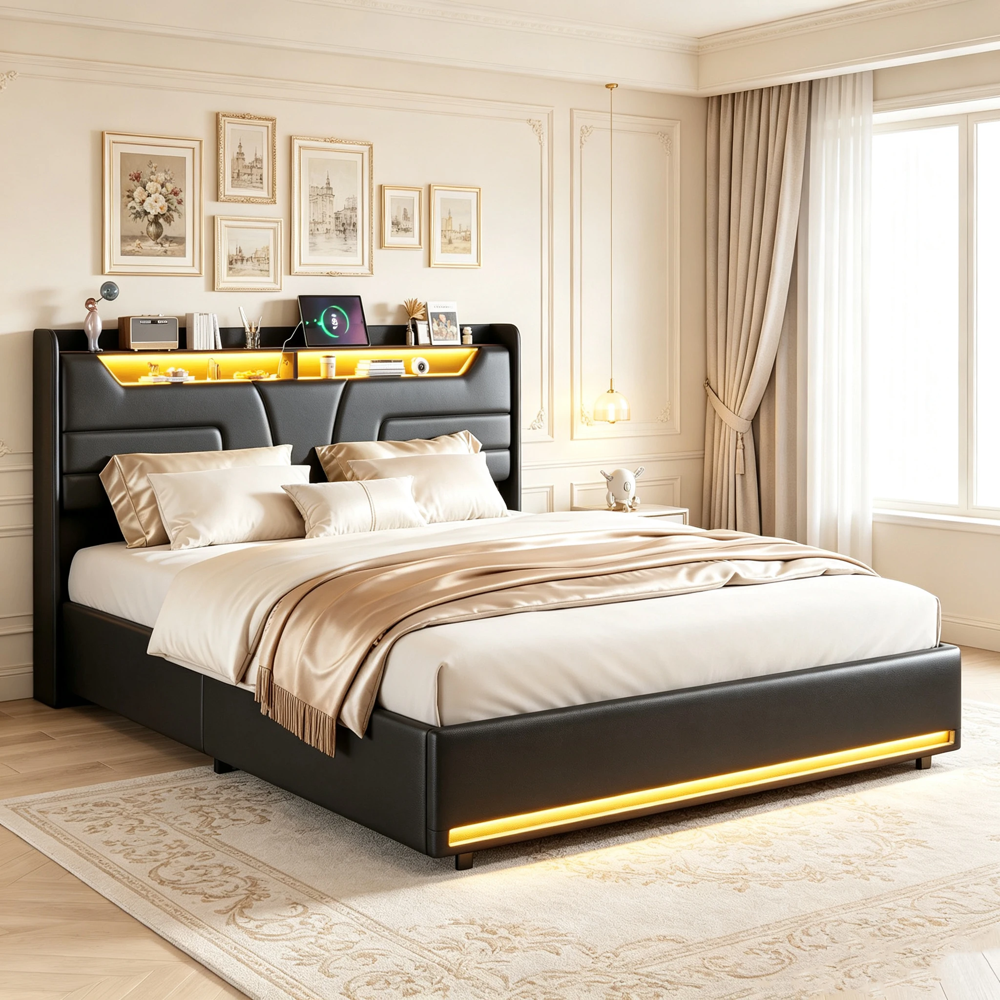 Comanlai, letto imbottito 160 x 200 cm, letto con contenitore a scomparsa e testiera, letto per ragazzi con struttura a doghe, senza materasso, in poliuretano, colore nero.
