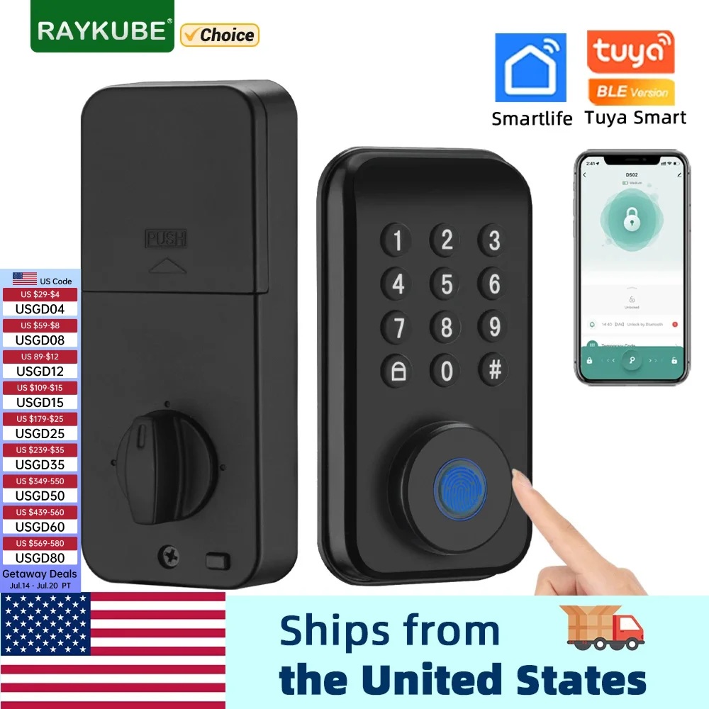 

RAYKUBE DS02 Tuya Smart Fingerprint Deadbolt Electric Lock with Latch Auto Lock Key/Password/ Tuya APP Unlock Delivery From USA.