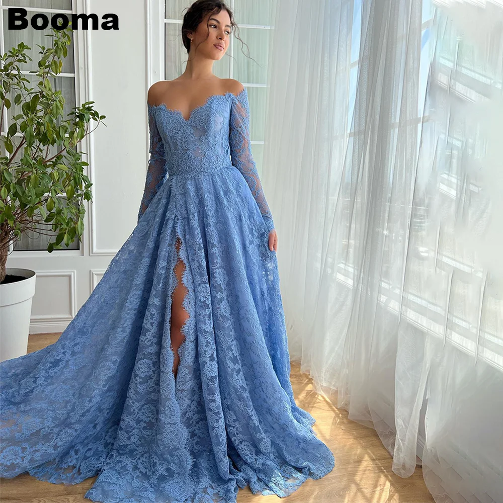 Booma A-line Long Prom Dresses Off Shoulder Lace Formal Occasion Dresses for Women High Silde Slit Evening Gowns Bespoke