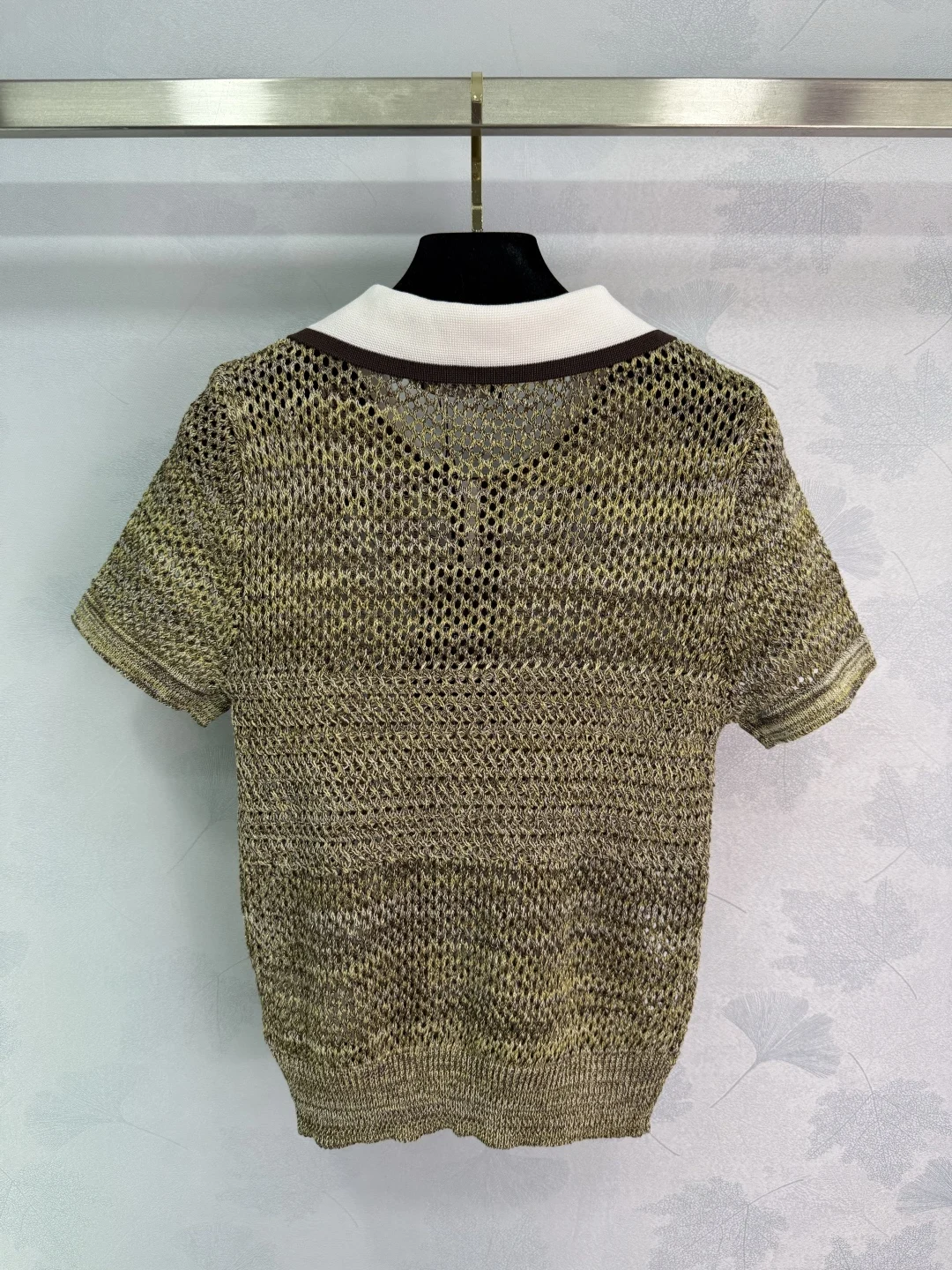 

High Quality Summer Women's Tee Casual Fashion Hollow Out Lapel Patchwork Knitting 100%Wool Brooch POLO Top JQ105
