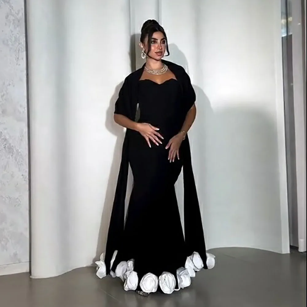 

Msikoods Customized Black Evening Gown Women Elegant Formal Dress With White Rose Cape Sleeves Party Dress Prom Banquet Gown