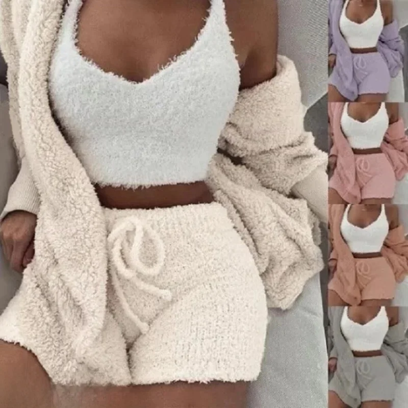 3 sztuk/zestaw zagęszczona ciepła bielizna nocna zimowa damska długa pluszowa kamizelka z długimi rękawami odkrywająca spodenki Student Homewear solidna moda — zdjęcie 2