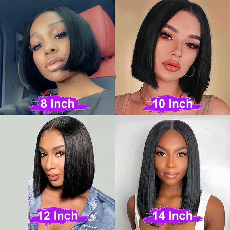 Bob peruca de cabelo humano 13x4 pré arrancado com cabelo de bebê perucas bob retas para mulheres negras 200% densidade # Peruca Bob Preta Natural 1B