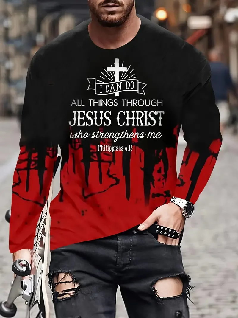 Christian Letter Pattern JESUS Vintage Men\'s T-Shirt Long Sleeve Crew Neck 3D Printed T-Shirt Sports Oversized Men Clothing