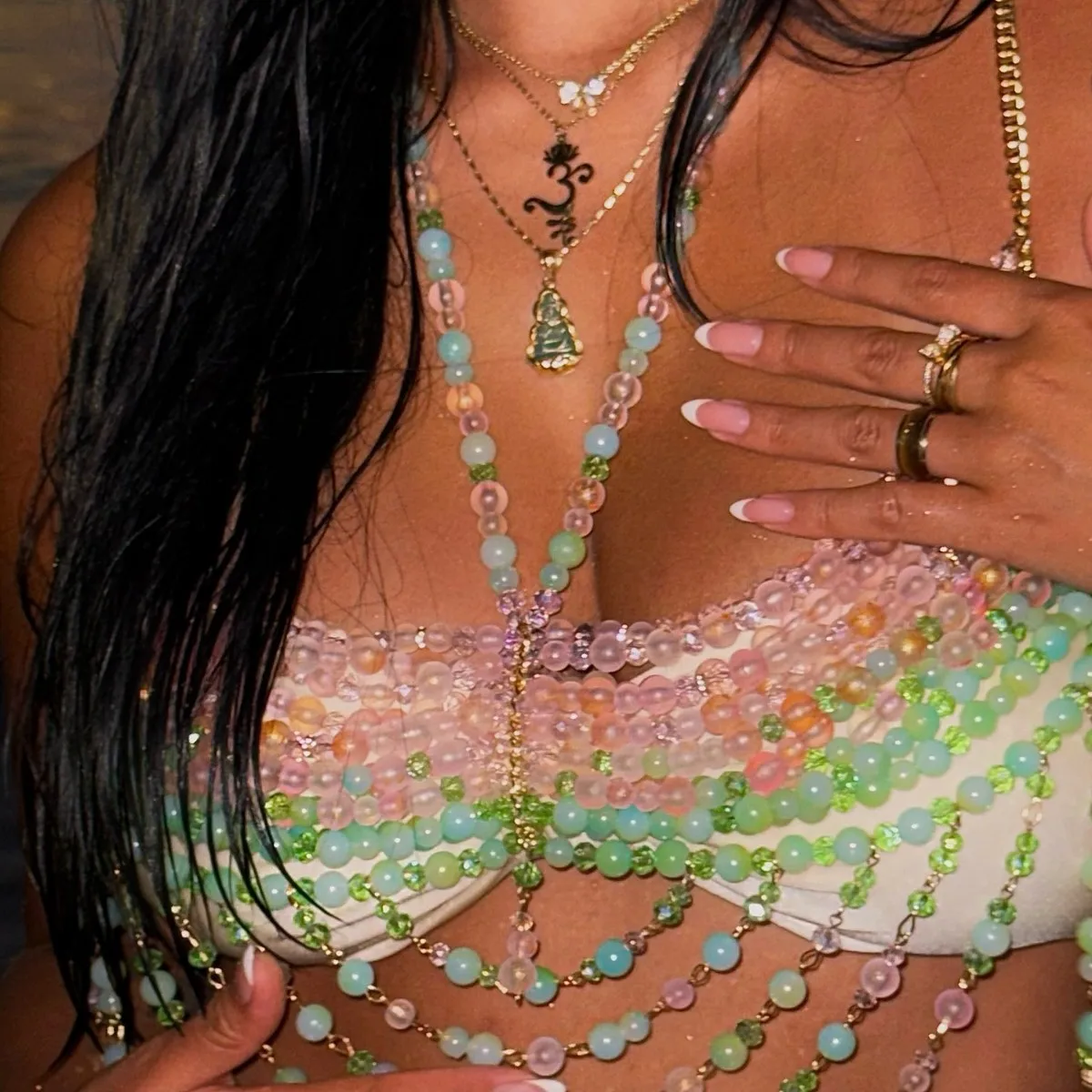 2026 Handcrafted Music Festival Rave Outfit Pastel Gemstone Beaded Body Chain Bralette Fringe Watermelon Tourmaline Beaded Top