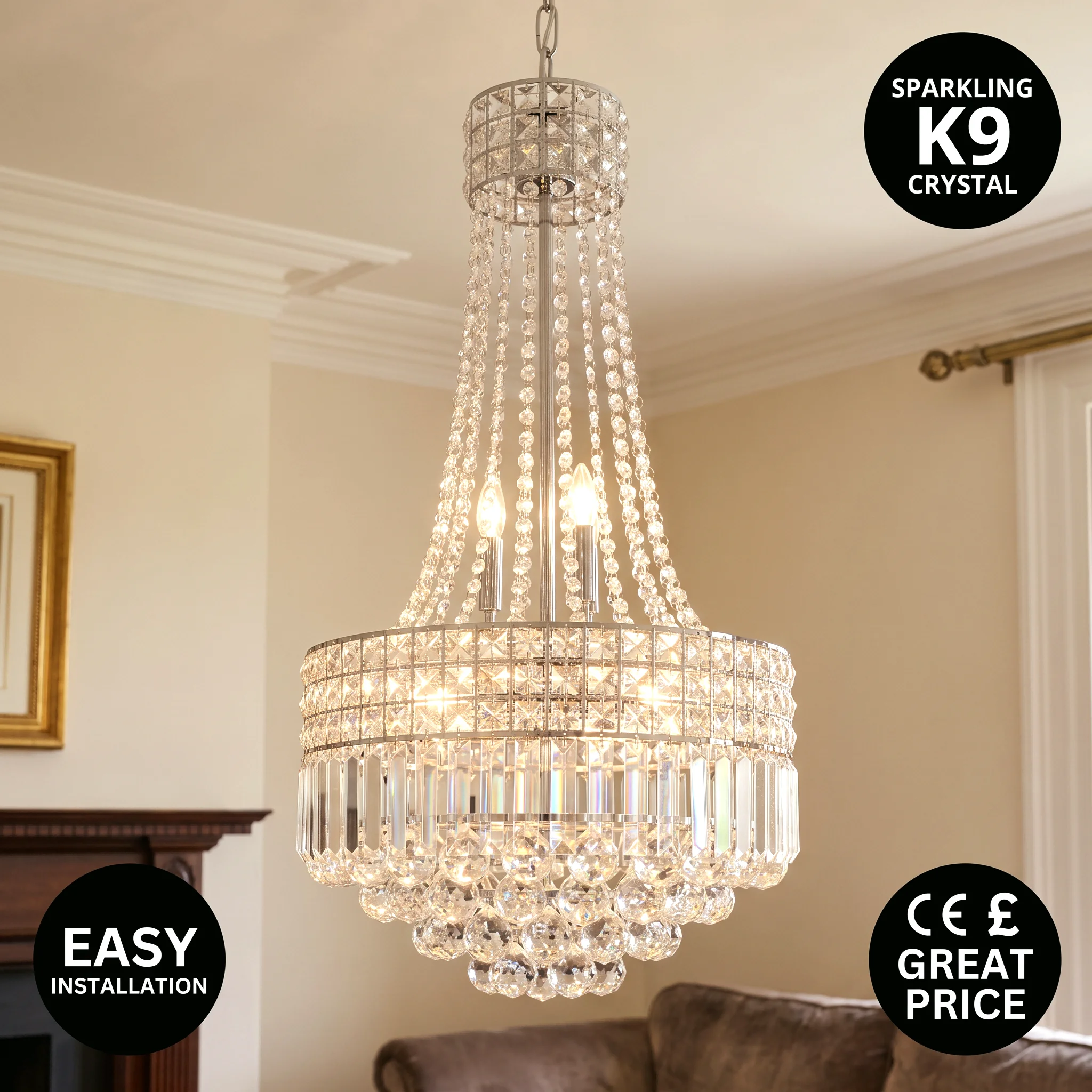 Luxury Chrome K9 Crystal Empire Chandelier Adjustable Pendant Light for Dining Kitchen Island Living Room Foyer Home Decor